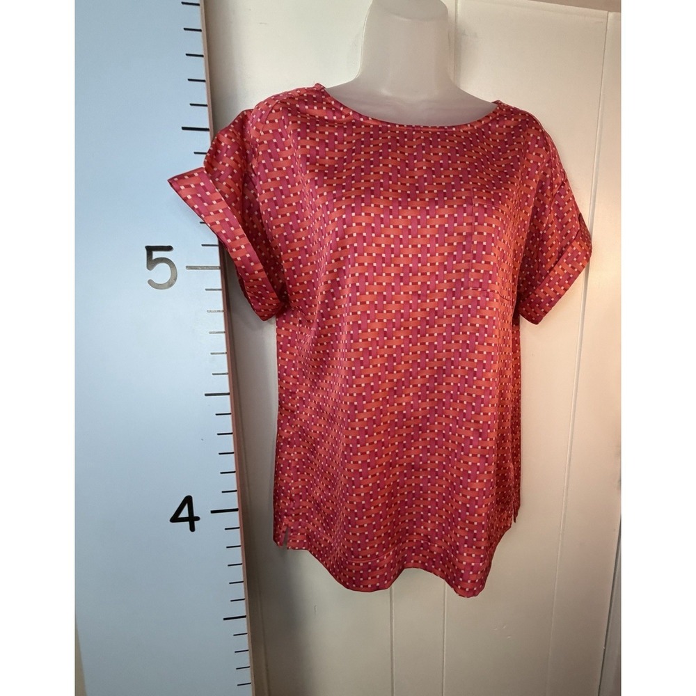 Liz Claiborne Shirt Women's Small Red Check Sporty Knit Cuff Short Sleeve Blouse